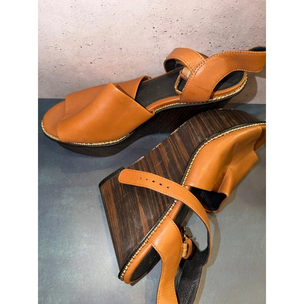 Coach Harla Tan Leather Wood Wedge Platform Sandals